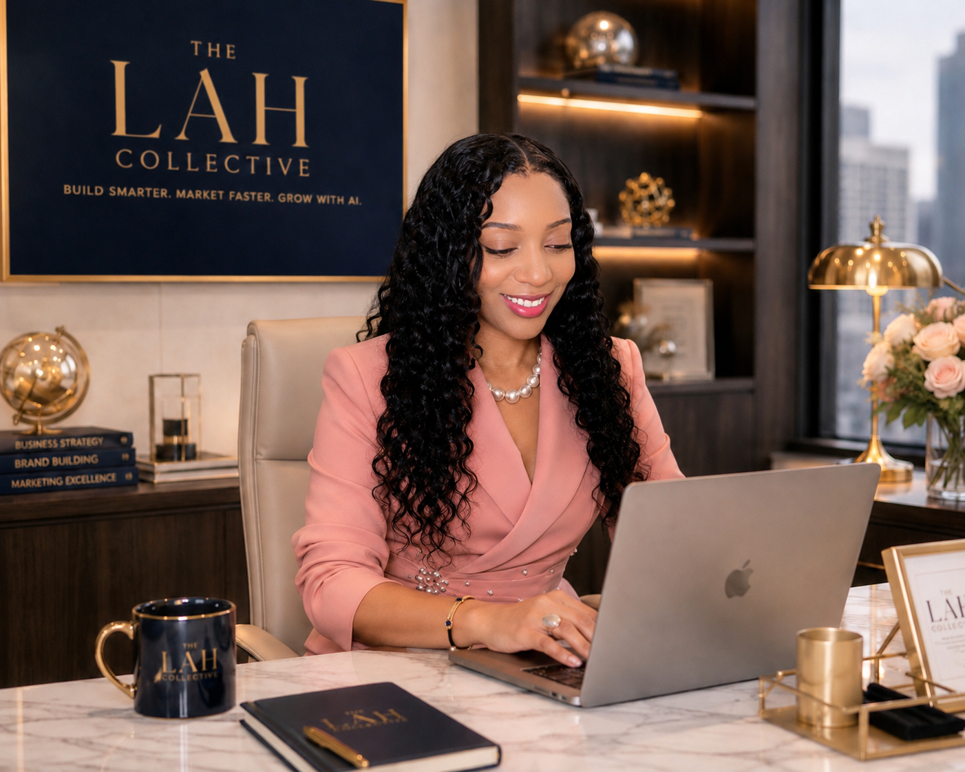 Founder of The LAH Collective working on a laptop in a branded luxury office with the LAH Collective wall sign, marble desk, branded notebook and mug.